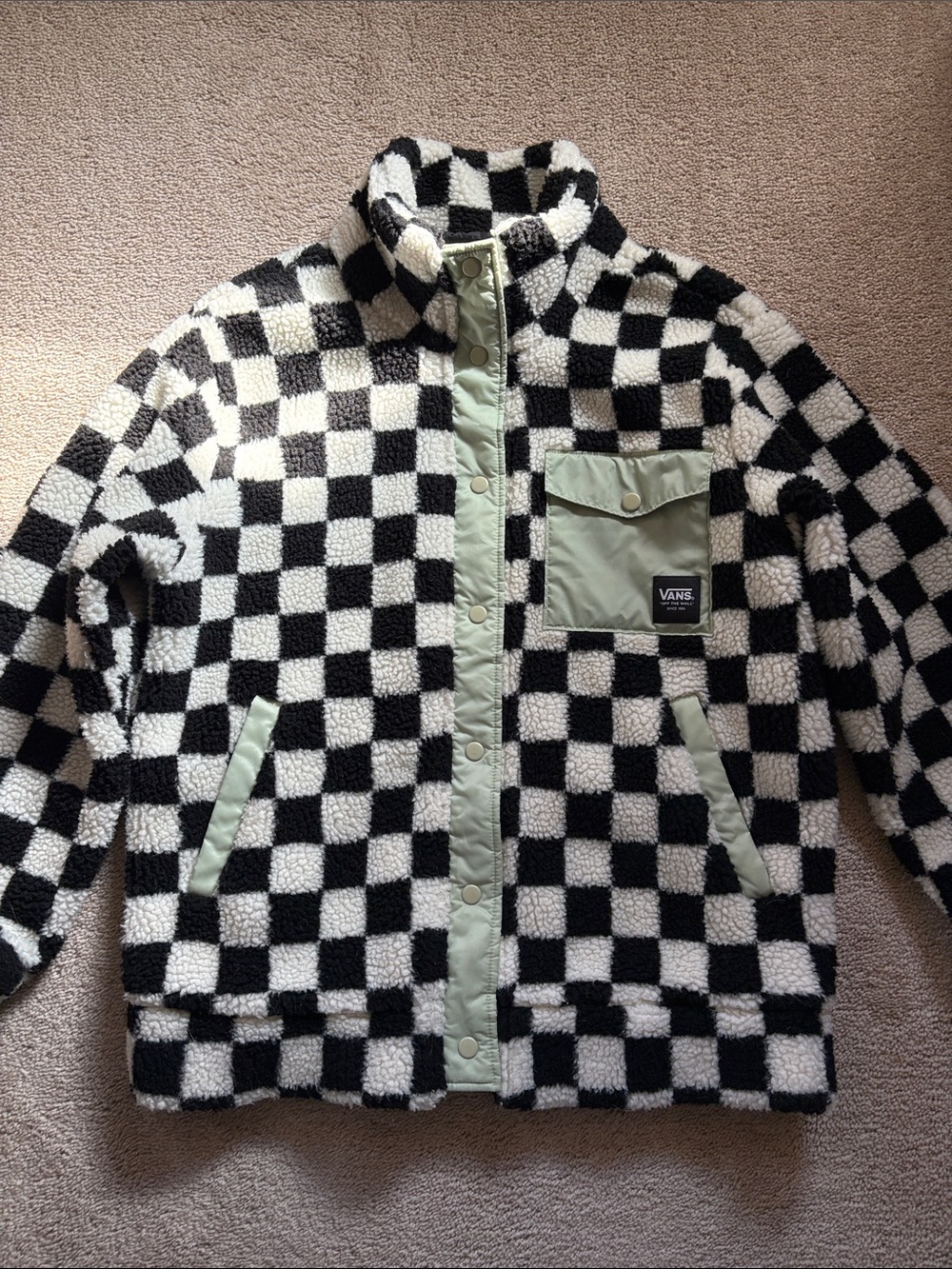 Vans | Checkerboard Sherpa Jacket in Black & White with Mint Trim